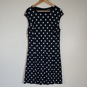 Lauren Ralph Lauren SZ 14 Midi Fit Flare Dress Navy White Polka Dot Lined Career